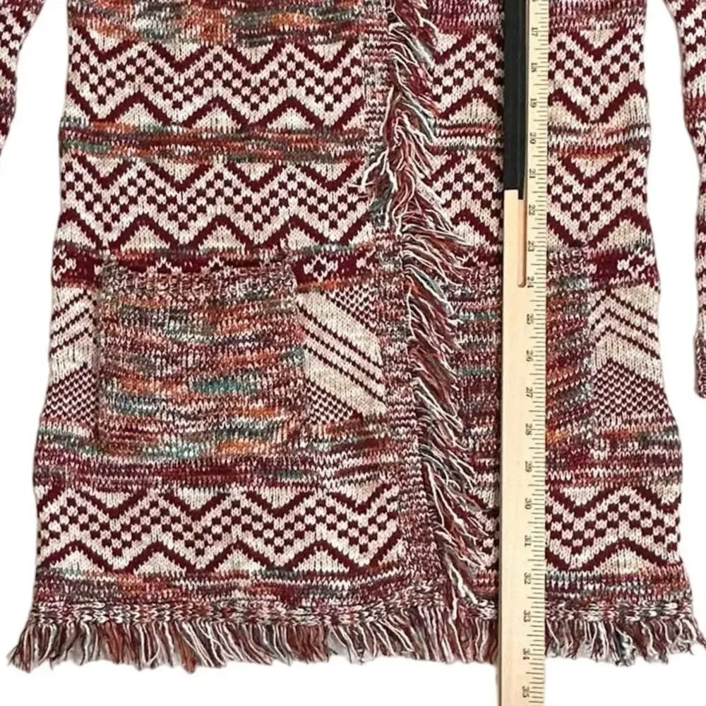 New Direction Womens Open Front Cardigan Sweater Medium Burgundy Aztec Fringe - Picture 7 of 7